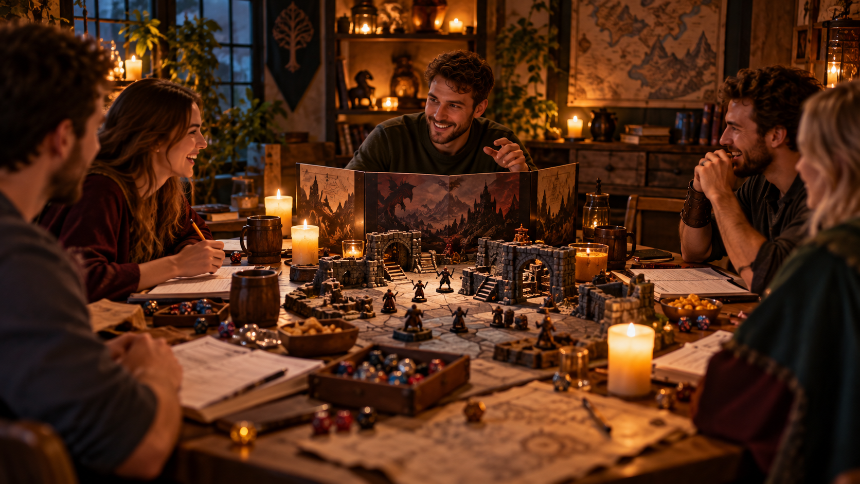 A cozy tabletop gaming setup with miniatures and terrain